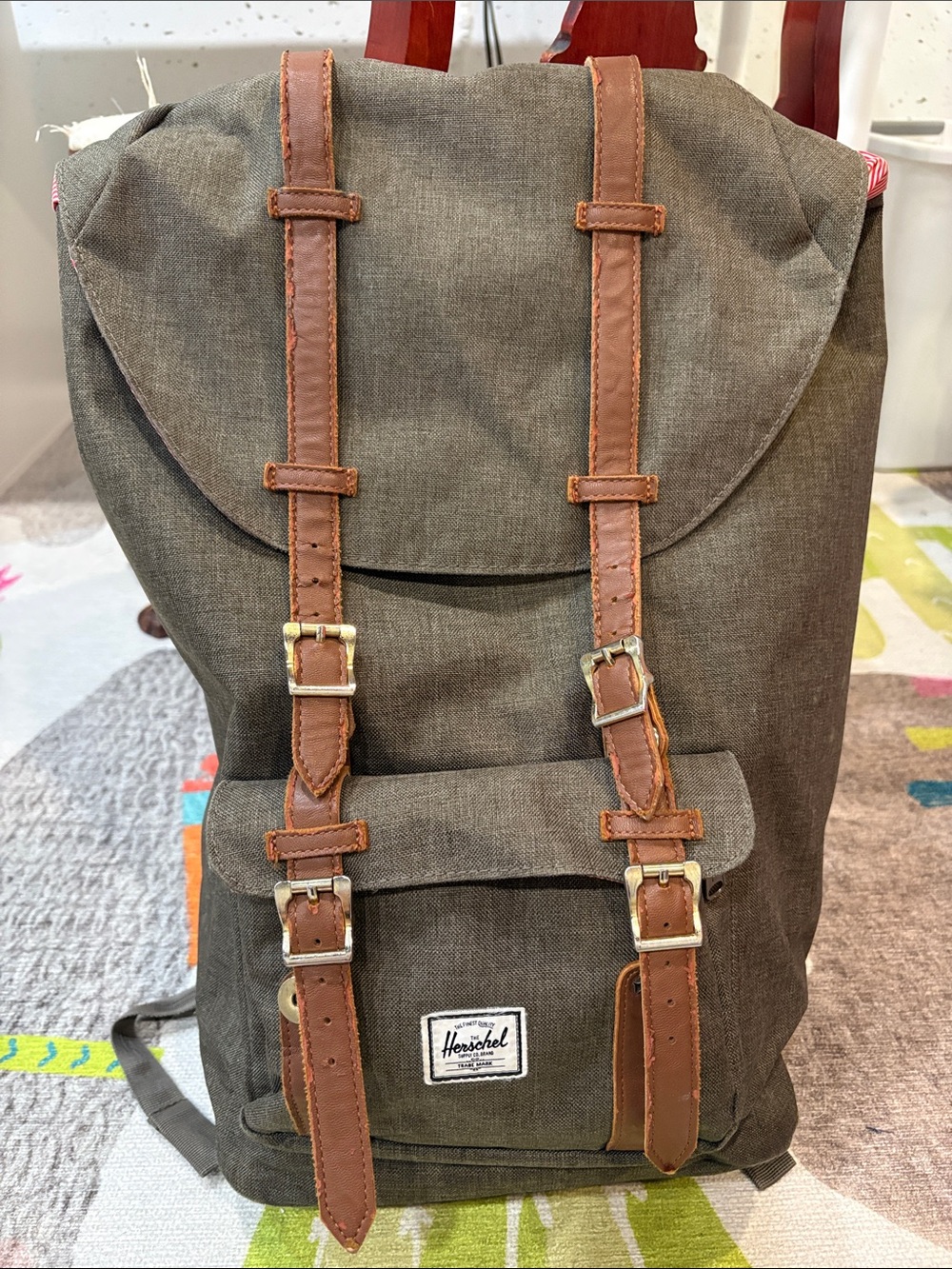 Herschel Supply Company Olive Canvas Backpack with Brown Leather Straps